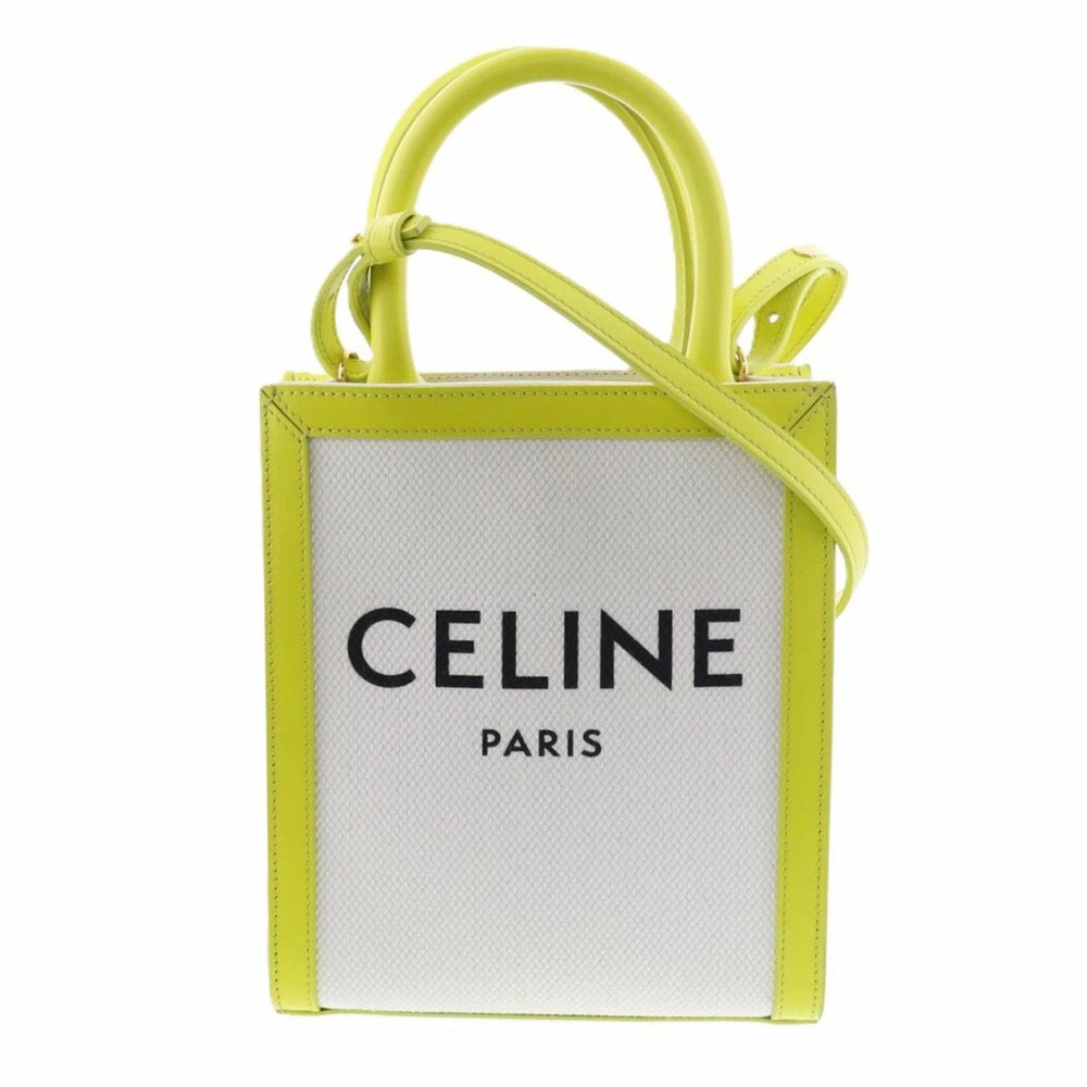 CELINE Vertical Cabas Bag Shoulder Canvas Leather White Fluorescent Yellow